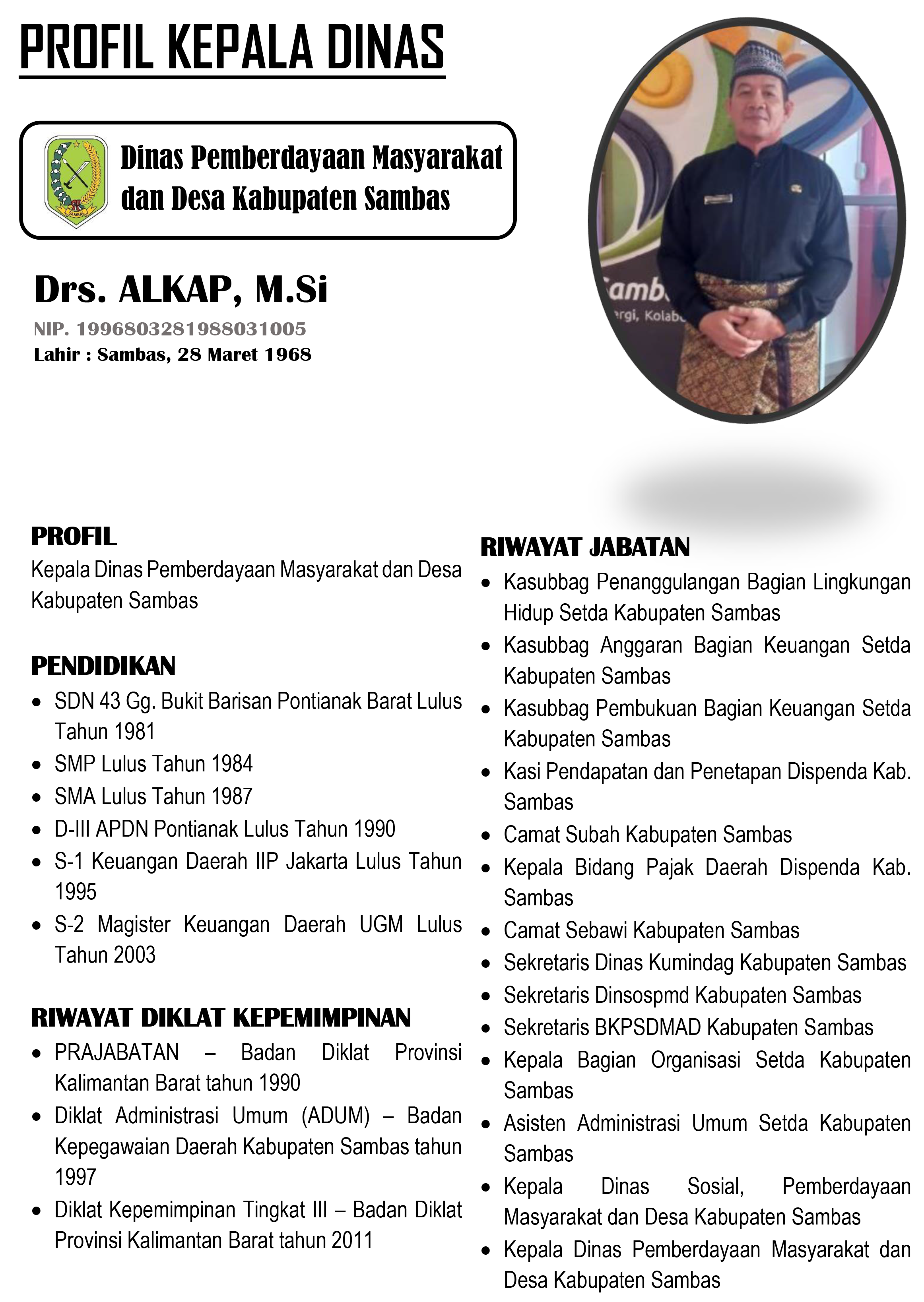 Profil Kepala Dinas Pemberdayaan Masyarakat dan Desa Kabupaten Sambas